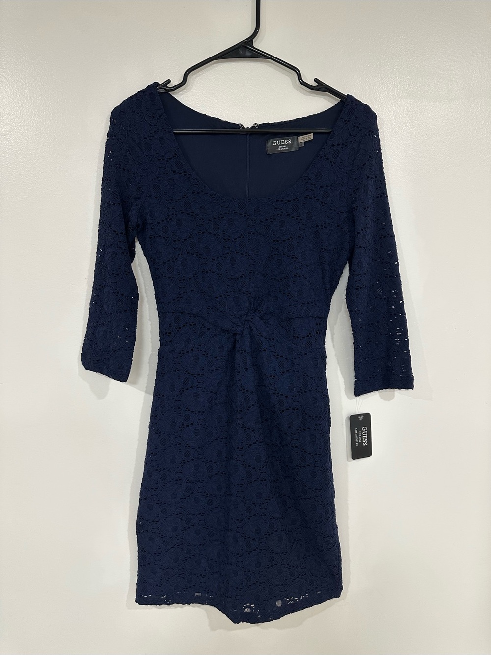 GUESS Navy Crochet Three-Quarter Sleeve Sheath Dress